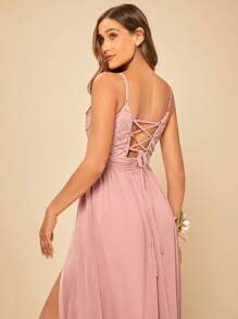 SHEIN Belle 花卉圖案亮片刺繡高衩雪紡吊帶裙伴娘禮服 - 藕粉色 - 查看 6