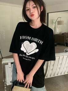 Slogan Graphic Drop Shoulder Tee - Black - View 1