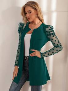 SHEIN Clasi Contrast Dobby Mesh Gigot Sleeve Open Front Coat - Green - View 4