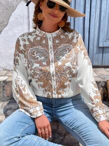 SHEIN VCAY Plus Paisley Print Button Front Shirt - White - View 4