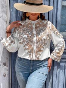 SHEIN VCAY Plus Paisley Print Button Front Shirt - White - View 1