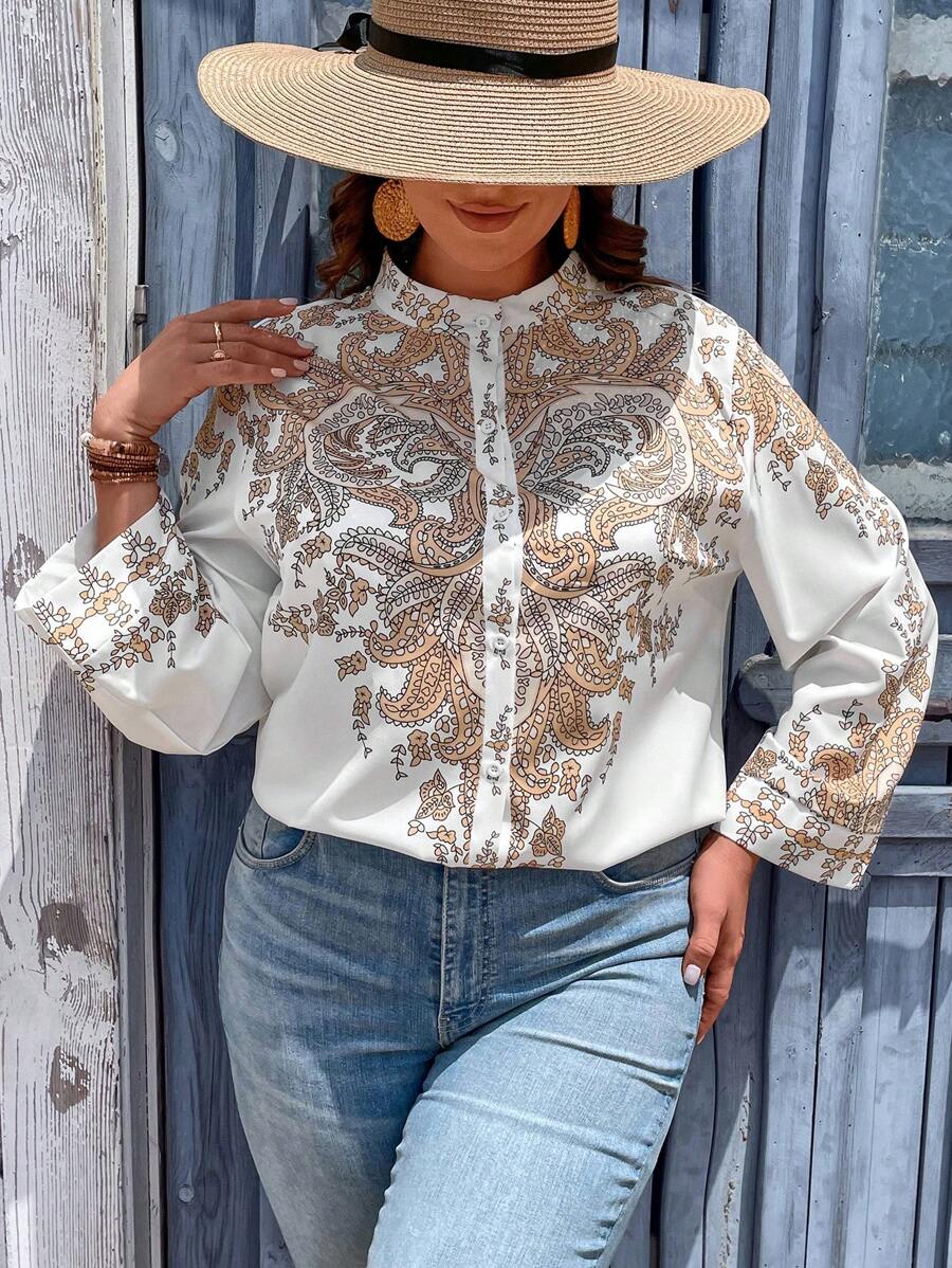SHEIN VCAY Plus Paisley Print Button Front Shirt - White - View 1