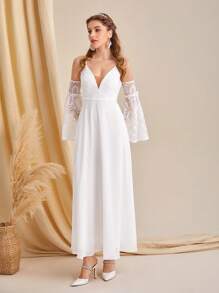 SHEIN Belle Cold Shoulder Lace Insert Wedding Dress - White - View 6