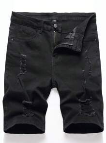 Manfinity LEGND 男士棉破洞抽鬚牛仔短褲 - 黑色 - 查看 1