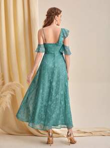 SHEIN Belle Asymmetrical Neck Ruffle Trim Jacquard Bridesmaid Dress - Cadet Blue - View 2