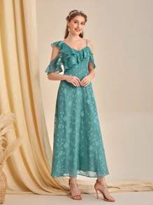 SHEIN Belle Asymmetrical Neck Ruffle Trim Jacquard Bridesmaid Dress - Cadet Blue - View 7