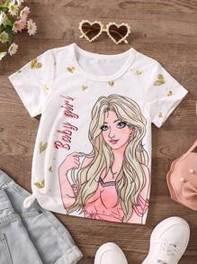 SHEIN 年輕女孩圖案和字母印花短袖t卹 - 白色 - 查看 1
