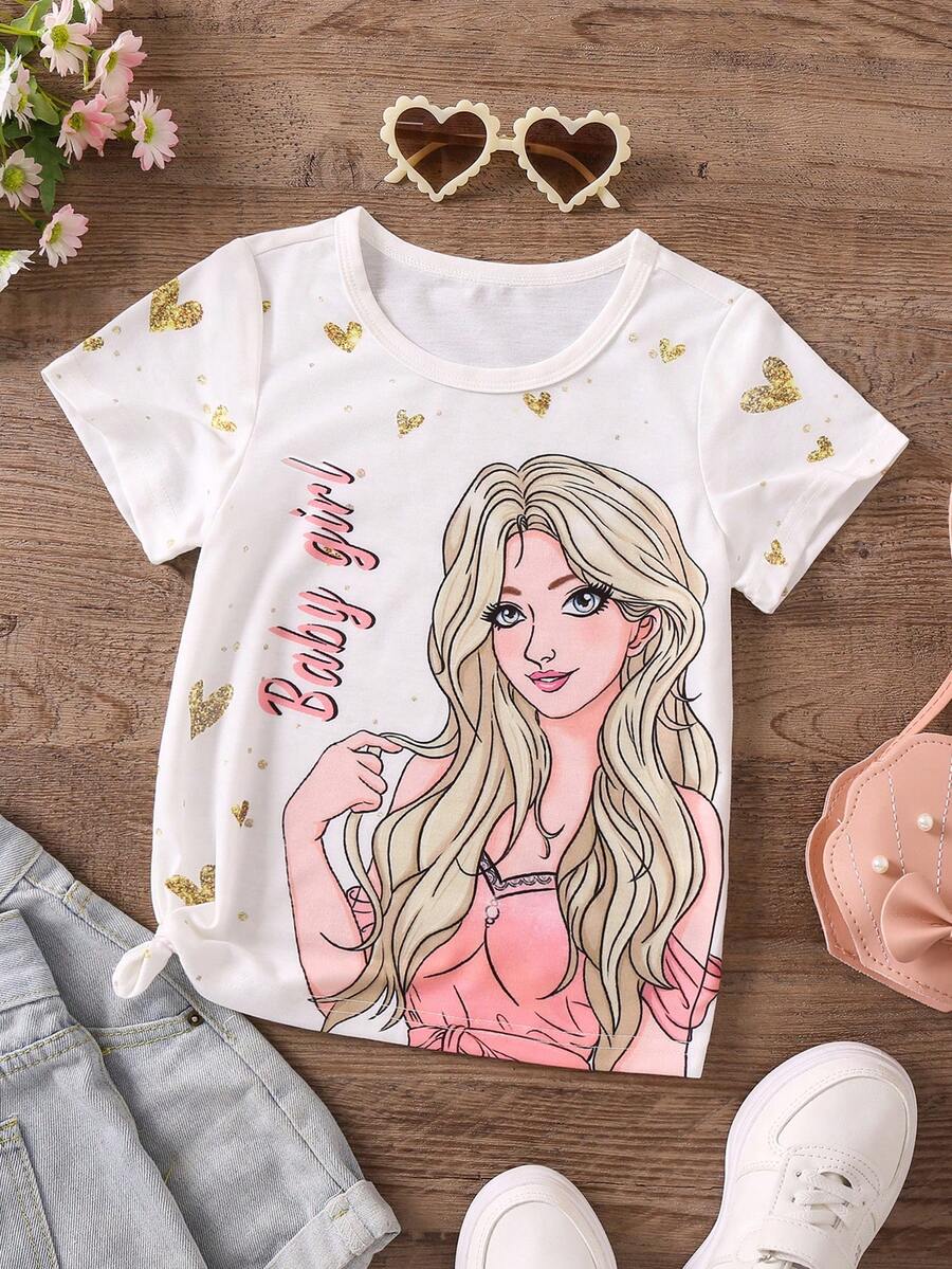 SHEIN 年輕女孩圖案和字母印花短袖t卹 - 白色 - 查看 1