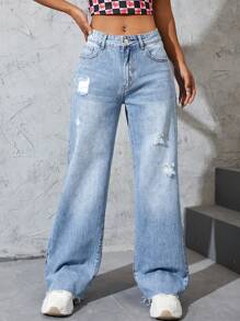 Ripped Wide Leg Jeans - Light Wash - View 1