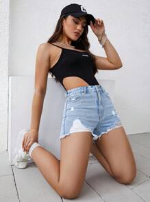 Quần short denim nữ Nút Túi Dây kéo Hem thô Bị tách màu trơn - Rửa nhẹ - Xem 4