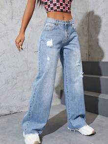 Ripped Wide Leg Jeans - Light Wash - View 4