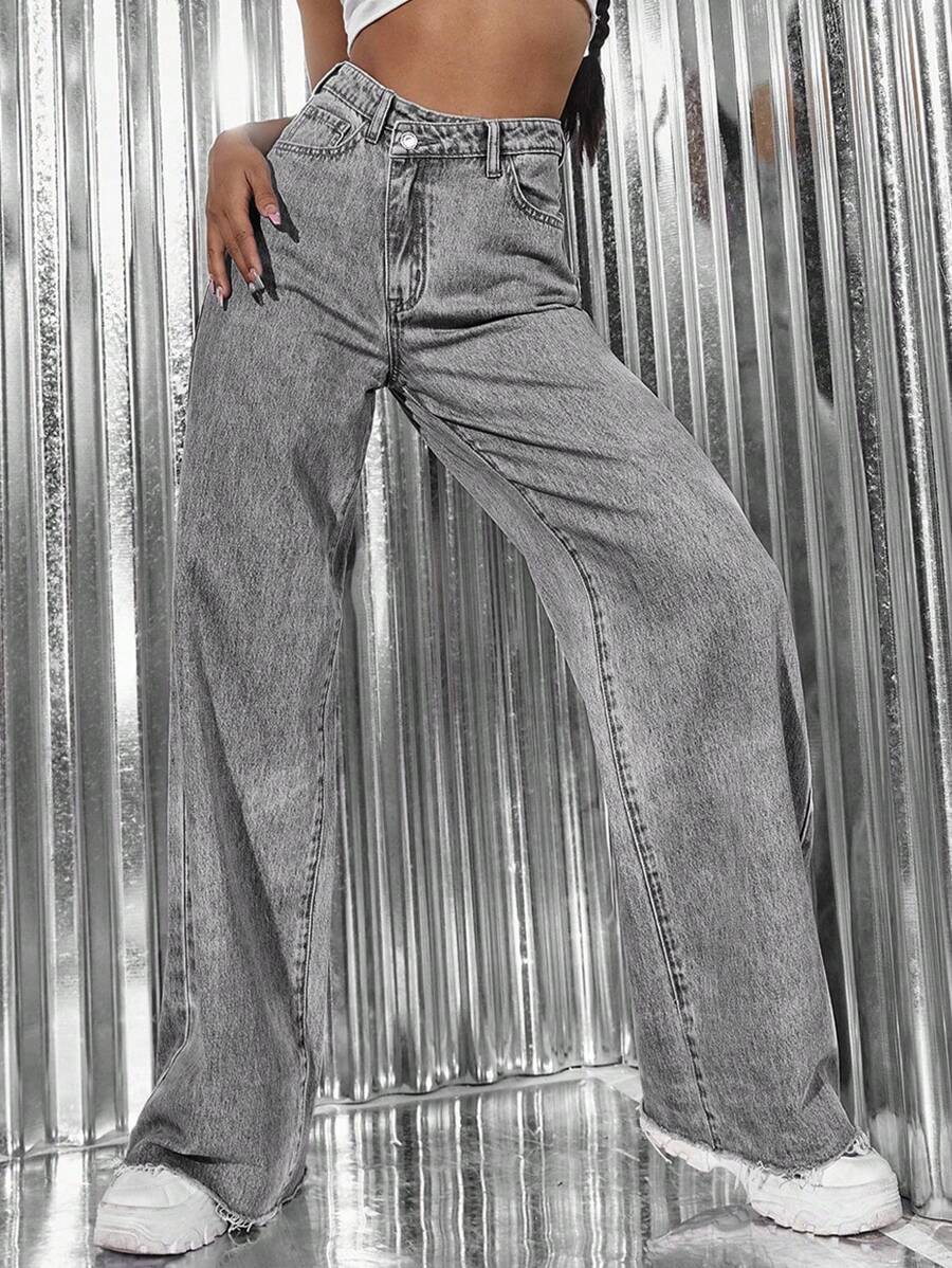 SHEIN ICON High Waist Wide Leg Jeans - Grey - View 1