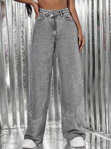 SHEIN ICON High Waist Wide Leg Jeans - Grey - View 3