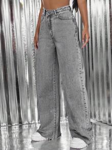 SHEIN ICON High Waist Wide Leg Jeans - Grey - View 5