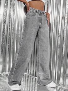 SHEIN ICON High Waist Wide Leg Jeans - Grey - View 6