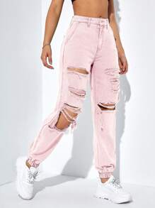 Ripped Cut Out Jogger Jeans - Baby Pink - View 5
