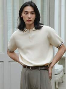 DAZY 男士条纹饰边高领针织衫商务装 - 米色 - 查看 4