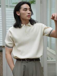 DAZY 男士条纹饰边高领针织衫商务装 - 米色 - 查看 5