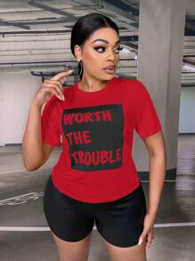 Slaydiva Áo thun Plus size Slogan Giải trí - Đỏ - Xem 4