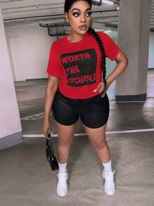 Slaydiva Áo thun Plus size Slogan Giải trí - Đỏ - Xem 8
