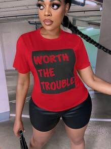 Slaydiva Áo thun Plus size Slogan Giải trí - Đỏ - Xem 9