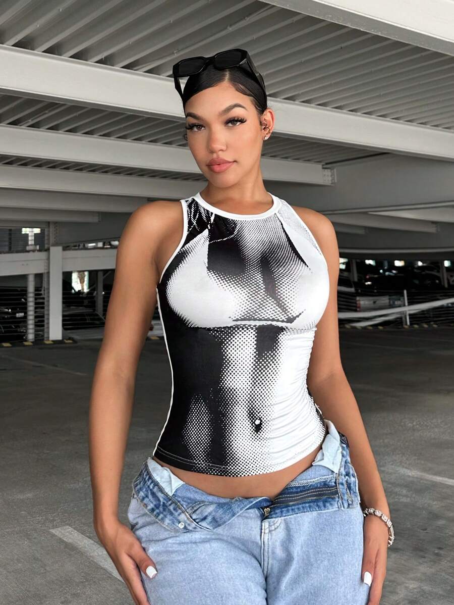 SHEIN SXY Top tank de color combinado fruncido - Blanco y Negro - Ver 1