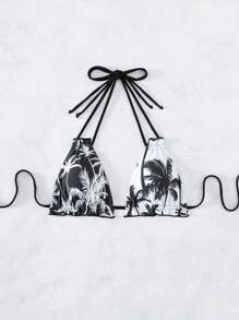 SHEIN Swim 椰子樹圖案吊脖三角杯比基尼上衣 - 黑與白 - 查看 3