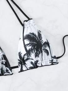 SHEIN Swim 椰子樹圖案吊脖三角杯比基尼上衣 - 黑與白 - 查看 4