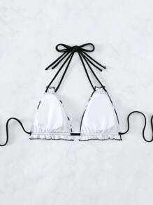 SHEIN Swim 椰子樹圖案吊脖三角杯比基尼上衣 - 黑與白 - 查看 5