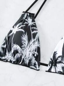 SHEIN Swim 椰子樹圖案吊脖三角杯比基尼上衣 - 黑與白 - 查看 6