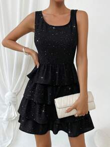 SHEIN Privé Glitter Layer Hem Tank Dress - Black - View 6
