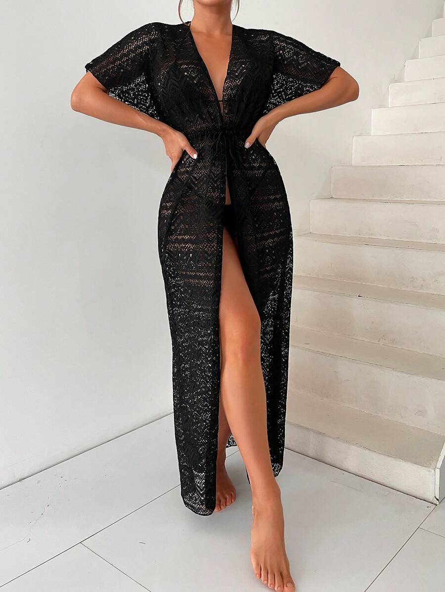 Kimono Nữ Dây kéo màu trơn - màu đen - Xem 1