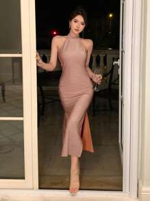 DAZY Solid Slit Thigh Halter Neck Dress - Apricot - View 1