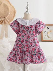 Kleinkind Mädchen Kleid mit Blume Muster, Rüschenbesatz,