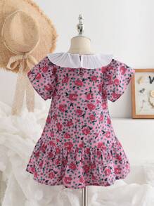 Kleinkind Mädchen Kleid mit Blume Muster, Rüschenbesatz,