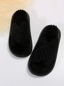 女性交叉優雅室內黑色毛絨家居拖鞋