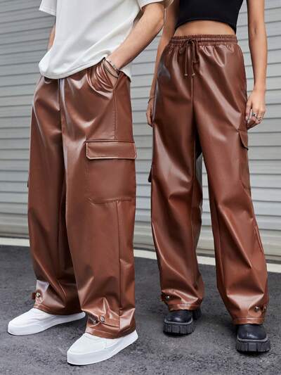 1pc Drawstring Waist Flap Pocket Side PU Leather Cargo Pants
