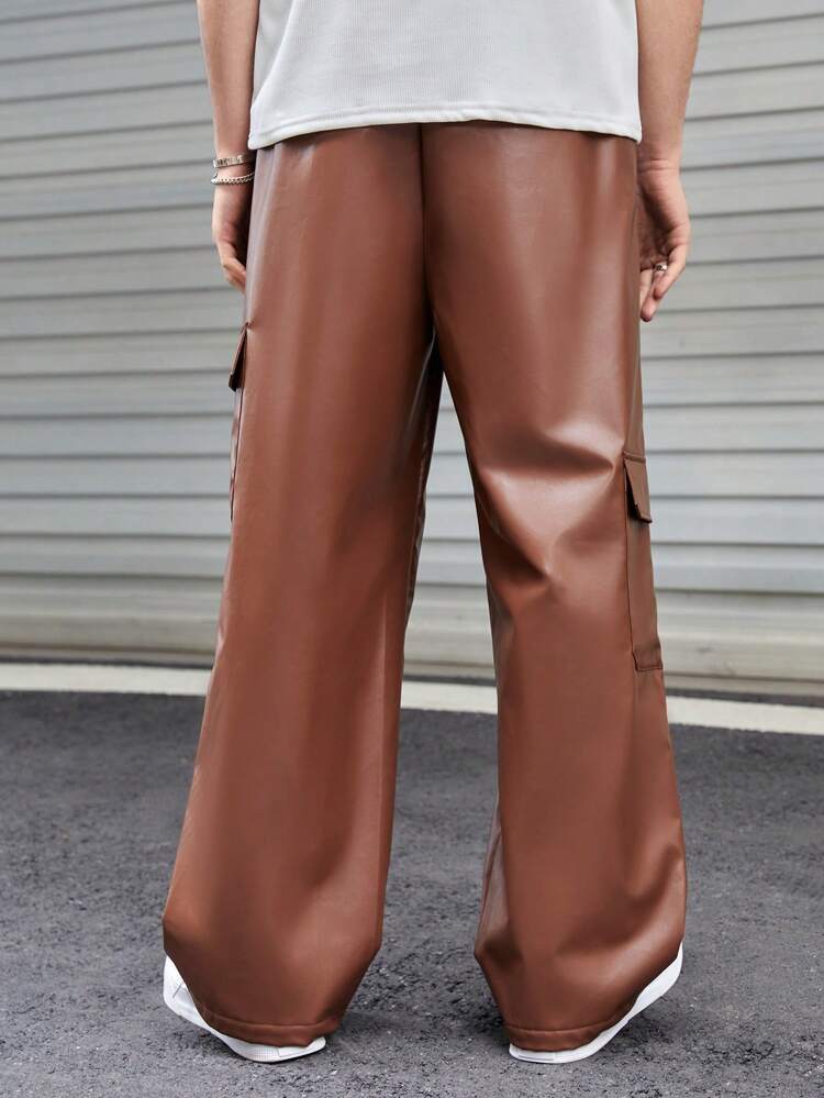 1pc Drawstring Waist Flap Pocket Side PU Leather Cargo Pants