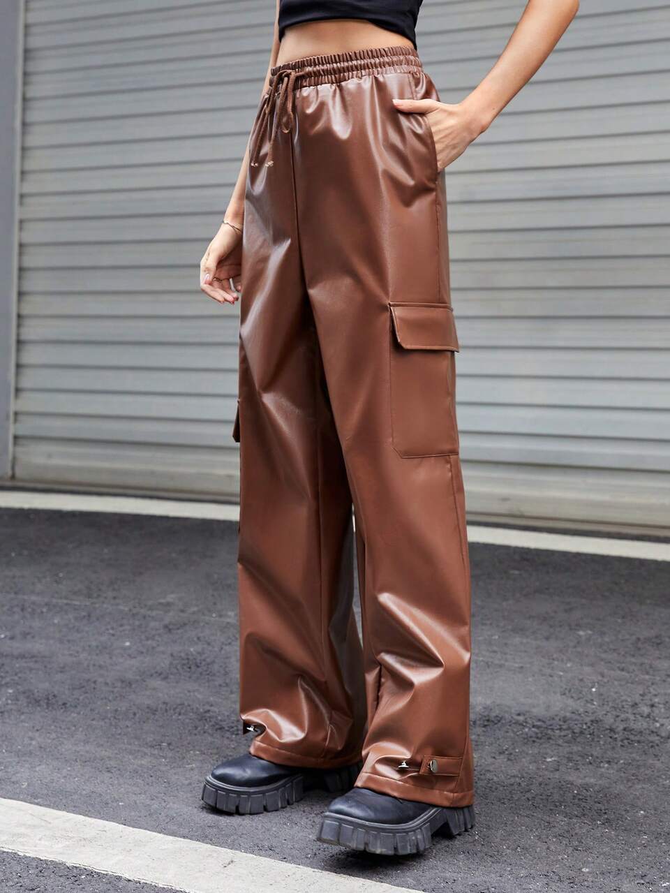1pc Drawstring Waist Flap Pocket Side PU Leather Cargo Pants
