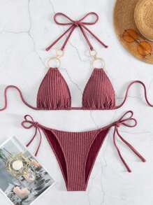 環鏈掛脖三角杯比基尼泳裝 - 紅木色 - 查看 1