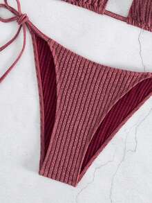 環鏈掛脖三角杯比基尼泳裝 - 紅木色 - 查看 5