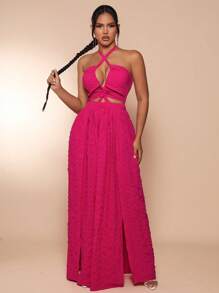 SHEIN SXY 十字交叉後背繫帶下擺m型高開叉繞頸連衣裙 - 玫紅色 - 查看 3