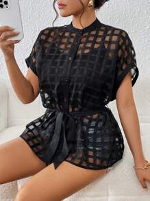 SHEIN Privé Áo sơ mi nữ Thắt lưng cắt Nút phía trước màu trơn Giải trí - màu đen - Xem 3