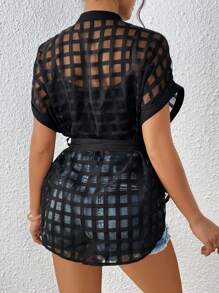 SHEIN Privé Áo sơ mi nữ Thắt lưng cắt Nút phía trước màu trơn Giải trí - màu đen - Xem 2