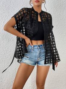 SHEIN Privé Áo sơ mi nữ Thắt lưng cắt Nút phía trước màu trơn Giải trí - màu đen - Xem 4