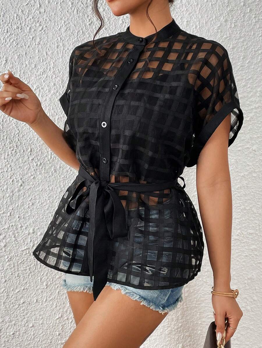 SHEIN Privé Áo sơ mi nữ Thắt lưng cắt Nút phía trước màu trơn Giải trí - màu đen - Xem 1