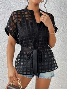 SHEIN Privé Áo sơ mi nữ Thắt lưng cắt Nút phía trước màu trơn Giải trí - màu đen - Xem 5