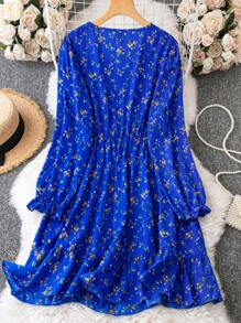 SHEIN LUNE Plus Ditsy Floral Print Flounce Sleeve Dress - Blue - View 2