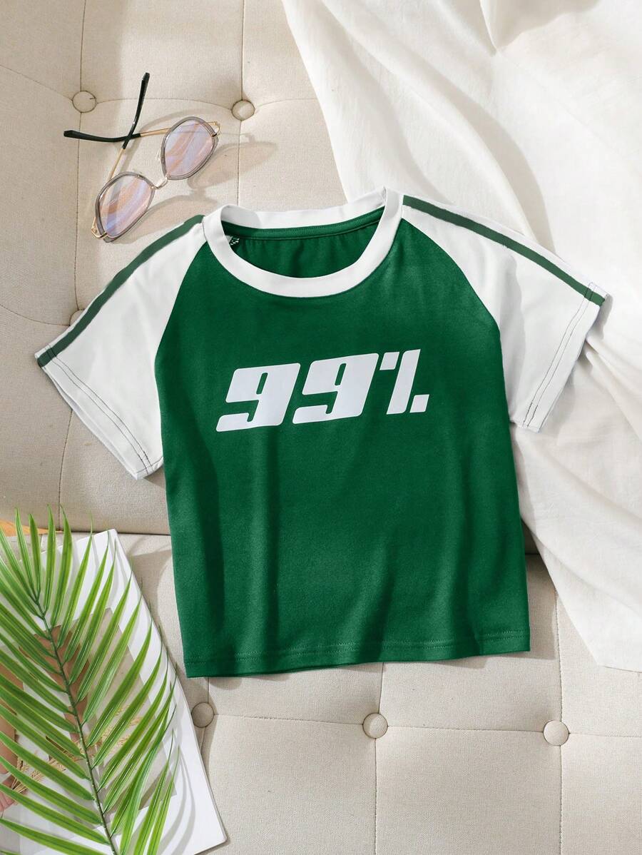SHEIN EZwear 字母圖案拼接插肩袖T恤 - 彩色 - 查看 1