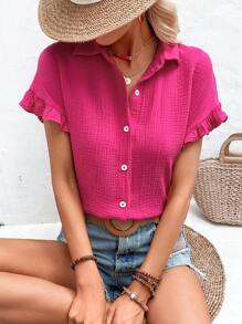 SHEIN LUNE Camisa unicolor con botón delantero de manga con volante - Rosa Fucsia - Ver 1